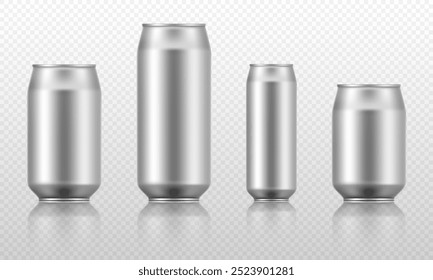 Realistic 3D aluminium cans set. Isolated vector mockup template for beverage. Beer, soda, energetic, juice, lemonade container.