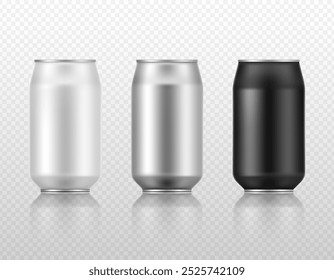 Realistic 3D aluminium cans set in different colors. Isolated vector mockup template for beverage. Beer, soda, energetic, juice, lemonade container.