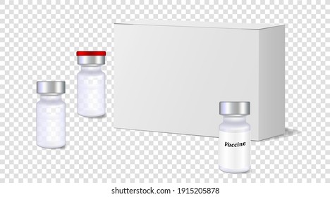 Realistic 3d, ampoules, vials with medicine, vaccine, next to  packaging, box on a transparent background. Realistic shadows. Layout for your design. Vector illustration.