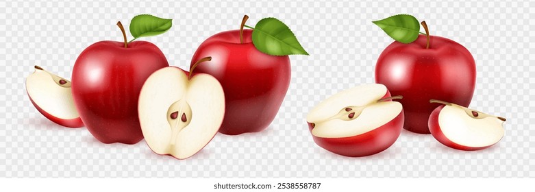 Realistic 3D apple fruits. Set of whole, slice and piece of red ripe apples isolated on transparent background.