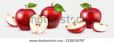 Realistic 3D apple fruits. Set of whole, slice and piece of red ripe apples isolated on transparent background.