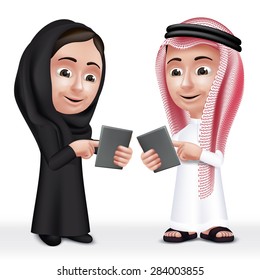 Realistic 3D Arab Kids Characters Boy and Girl Talking in Mobile Tablet About School Wearing Thobe and Abaya for Studies. Editable Vector Illustration