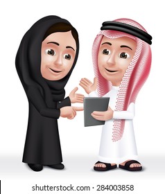 Realistic 3D Arab Kids Characters Boy and Girl Talking in Mobile Tablet About School Wearing Thobe and Abaya for Studies. Editable Vector Illustration