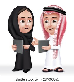 Realistic 3D Arab Kids Characters Boy and Girl Talking in Mobile Tablet About School Wearing Thobe and Abaya for Studies. Editable Vector Illustration