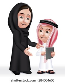 Realistic 3D Arab Teacher Woman Character Teaching Boy Student in Mobile Tablet About School Wearing Thobe and Abaya for Studies. Editable Vector Illustration