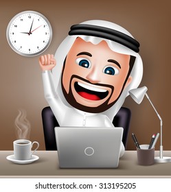 Realistic 3D Arabic Character Working on Business Office Table with Laptop Raising Hand. Vector Illustration