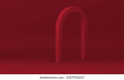 Realistic 3d arch empty advertising showroom red studio background for product show vector illustration. Trendy fashion showcase with isometric archway geometric element commercial promo display