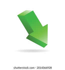 Realistic 3D arrow. Vector design element. Pointer arrow 3d vector illustration isolated on white background. Green arrow icon for graphic design. Arrow illustration points down.