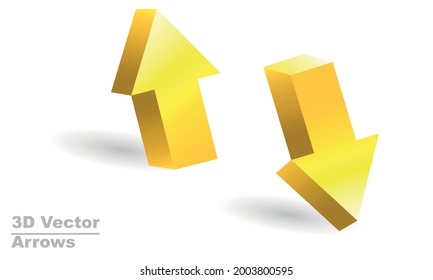 Realistic 3D arrows. Vector design elements. Pointer arrows 3d vector illustration isolated on white background. Arrow icons for graphic design. Yellow color arrow illustrations points up and down. 