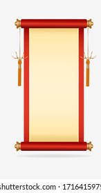Realistic 3D Asian scroll with two cords located on the sides, with space for your text or portrait. Chinese, korean, japanese style isolated on white background, vector art graphics