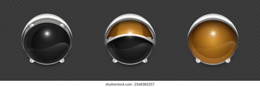 Realistic 3d astronaut helmet visors set - metallic space headgear with black and golden reflective glass, protective mounting brackets, and glossy surface details. Cosmic exploration suit elements.