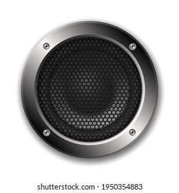 Realistic 3d audio speaker icon with mesh. Vector illustration.