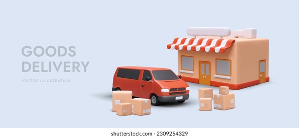 Realistic 3d automobile parked near the store. Preparation for loading goods in car. Service order and fast delivery concept. Vector illustration in red colors with blue background