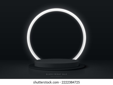 Realistic 3D background, Black cylinder pedestal podium with round circle glowing neon lighting. Black friday sale concept, Vector abstract minimal scene products stage showcase, Promotion display.