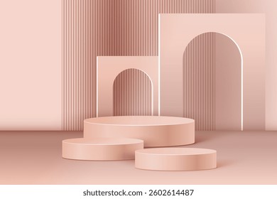 Realistic 3d background with cylinder podium. Black, red, white glowing light semi circles layers scene. Abstract minimal sceneMinimal mockup or abstract product display presentation, Stage showcase.