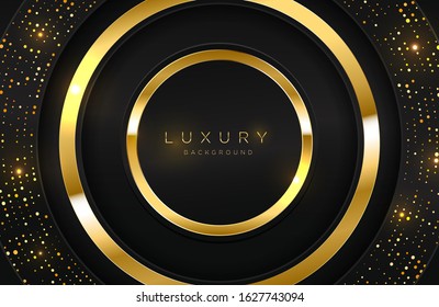 Realistic 3d background with glossy gold ring shape. Vector golden circle shape on black surface Graphic design element. Luxurious Elegant template