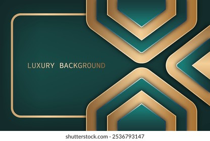 Realistic 3d  background with overlapping green and gold geometric shapes 
