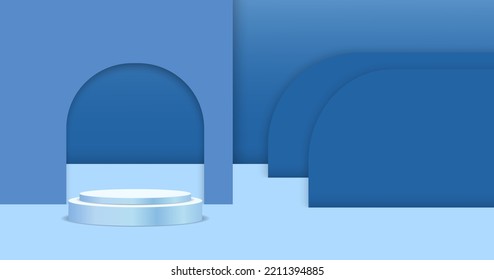 Realistic 3d background products overlapping blue spheres The background is a rounded shape. The side has a blue rounded object. with a shadow on the back to increase the prominence of the product