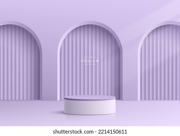 Realistic 3D background, Purple and white cylinder pedestal podium with vertical pattern in arch shape. Minimal scene mockup products display, Stage showcase. Vector geometric forms. Abstract room.