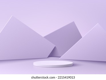 Podio peatonal de cilindros blancos y lavanda 3D realista con fondo de capas de formas geométricas. Productos de simulación de escenas minimales, escenario redondo para el escaparate, pantalla promocional. Sala abstracta vectorial.