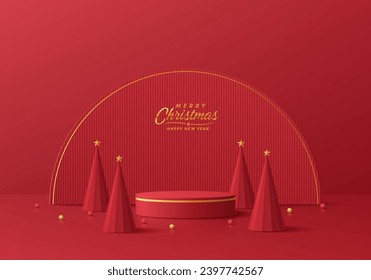 Cilindro rojo de fondo 3d realista conjunto de pedestal de podio con árbol de navidad rojo y estrella dorada. Presentación de maquillaje de productos de navidad navideña. Muestra de escenario. Diseño geométrico vectorial de plataformas.