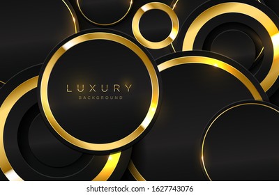 Realistic 3d background with shiny gold circle shape. Vector golden circle shape on black surface Graphic design element. Luxurious Elegant template