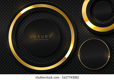Realistic 3d background with shiny gold ring shape. Vector golden circle shape on black surface Graphic design element. Luxurious Elegant template