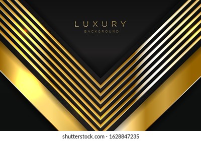 Realistic 3d background with shiny gold geometric shape. Golden geometric illustration on black surface. Graphic design element. Luxurious Elegant template