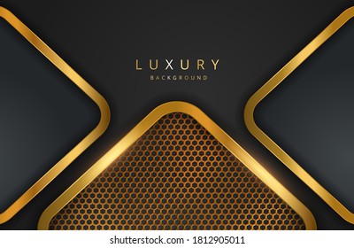 Realistic 3d background with shiny gold geometric shape. Vector golden geometry shape on black surface Graphic design element. Luxurious Elegant template