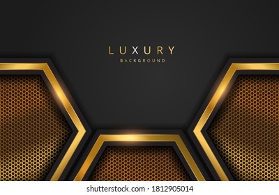 Realistic 3d background with shiny gold geometric shape. Vector golden geometry shape on black surface Graphic design element. Luxurious Elegant template