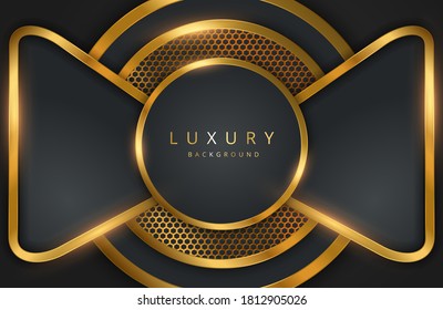 Fondo 3d realista con una forma geométrica dorada brillante. Forma de geometría dorada vectorial sobre la superficie negra Elemento de diseño gráfico. Plantilla lujosa elegante