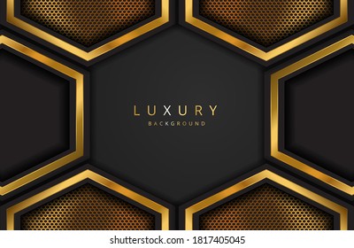 Realistic 3d background with shiny gold geometric shape. Vector golden geometry shape on black surface Graphic design element. Luxurious Elegant template