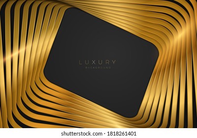 Realistic 3d background with shiny gold geometric shape. Vector golden geometry shape on black surface. Luxurious Elegant template