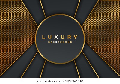 Realistic 3d background with shiny gold geometric shape. Vector golden geometry shape on black surface. Luxurious Elegant template