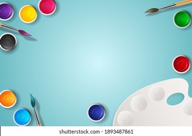 Antecedentes realistas en 3d, tintas con fondo de pincel y paleta. Ilustración vectorial