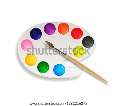 Realistic 3d background, tins with brush and Palette art background. Vector Illustration