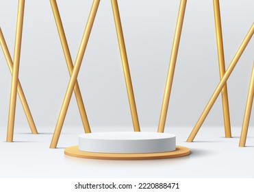 Realistic 3D background, White and golden cylinder pedestal podium with many luxury golden pillars. Vector abstract geometric forms. Minimal scene mockup products stage showcase, Promotion display.