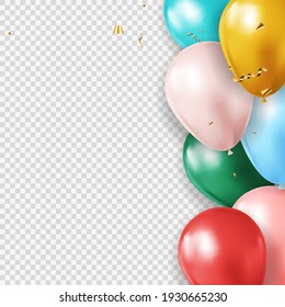 Globo 3d realista y fondo transparente de confeti para fiesta, vacaciones, cumpleaños, tarjeta de promoción, afiche. EPS10 de ilustración vectorial