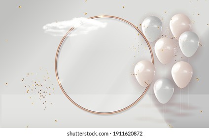 Realistic 3d balloon with golden frame background for party, holiday, birthday, promotion card, poster. Vector Illustration