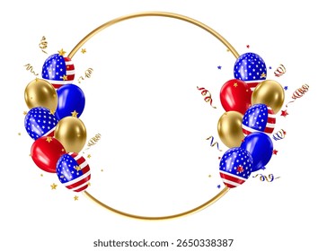 Realistic 3D balloons in USA colors and flags. Bouquet and bunche of patriotic balloon. Celebration of july 4th american independence day. Vector illustration for party card, flyers and posters.