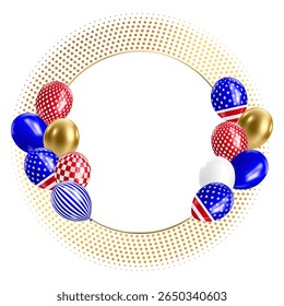 Realistic 3D balloons in USA colors and flags. Bouquet and bunche of patriotic balloon. Celebration of july 4th american independence day. Vector illustration for party card, flyers and posters.
