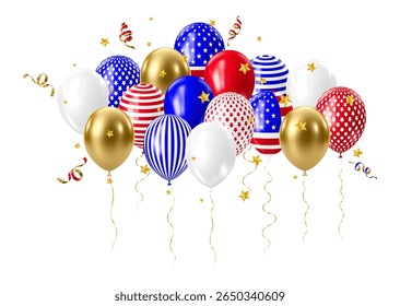 Realistic 3D balloons in USA colors and flags. Bouquet and bunche of patriotic balloon. Celebration of july 4th american independence day. Vector illustration for party card, flyers and posters.