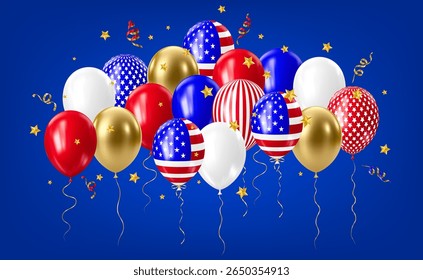 Realistic 3D balloons in USA colors and flags. Bouquet and bunche of patriotic balloon. Celebration of july 4th american independence day. Vector illustration for party card, flyers and posters.