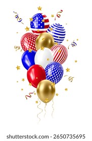 Realistic 3D balloons in USA colors and flags. Bouquet and bunche of patriotic balloon. Celebration of july 4th american independence day. Vector illustration for party card, flyers and posters.
