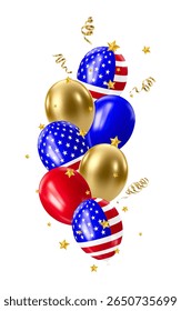 Realistic 3D balloons in USA colors and flags. Bouquet and bunche of patriotic balloon. Celebration of july 4th american independence day. Vector illustration for party card, flyers and posters.
