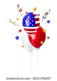 Realistic 3D balloons in USA colors and flags. Bouquet and bunche of patriotic balloon. Celebration of july 4th american independence day. Vector illustration for party card, flyers and posters.
