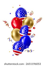 Realistic 3D balloons in USA colors and flags. Bouquet and bunche of patriotic balloon. Celebration of july 4th american independence day. Vector illustration for party card, flyers and posters.