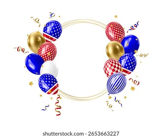 Realistic 3D balloons in USA colors and flags. Bouquet and bunche of patriotic balloon. Celebration of july 4th american independence day. Vector illustration for party card, flyers and posters.