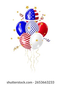 Realistic 3D balloons in USA colors and flags. Bouquet and bunche of patriotic balloon. Celebration of july 4th american independence day. Vector illustration for party card, flyers and posters.