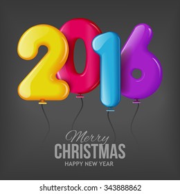 Realistic 3D balls 2016. The red, blue, yellow and purple balloon with numbers on a black background. Design for greeting cards, advertisements, mailings, promotions, and other products. Vector